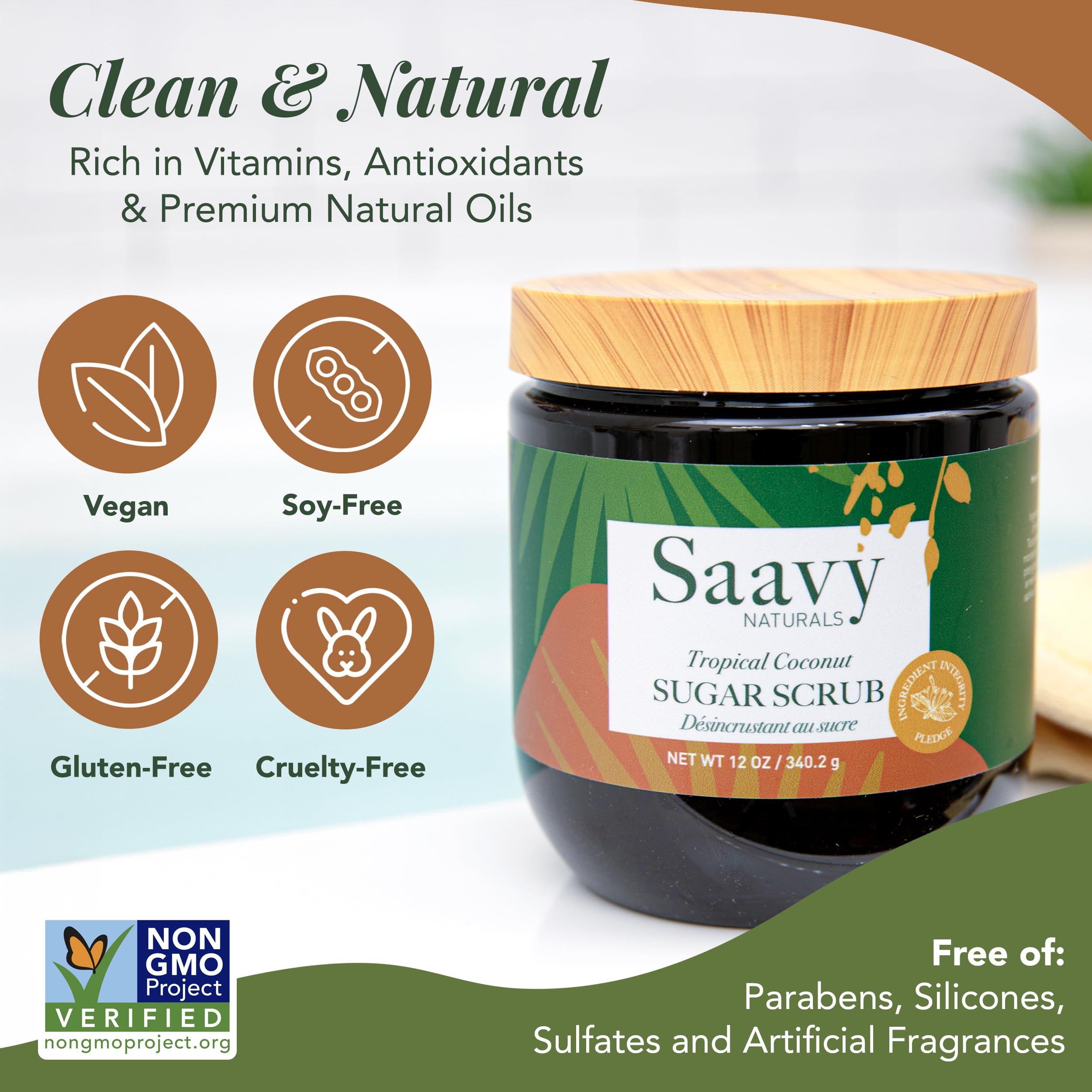 Saavy Naturals Body Scrub – Tropical Coconut Sugar Exfoliator, Vegan & Natural, 12 oz – Made in USA