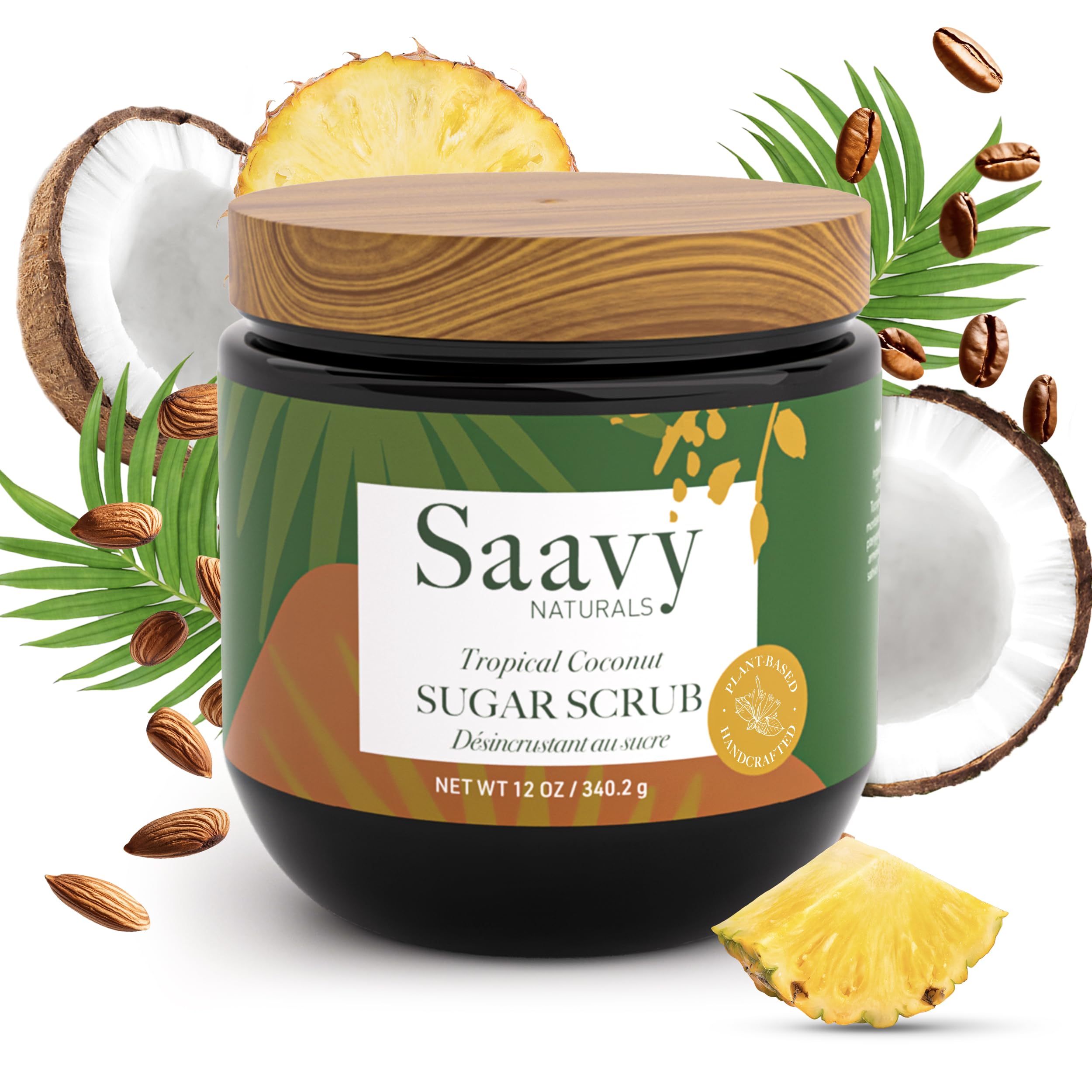 Saavy Naturals Body Scrub – Tropical Coconut Sugar Exfoliator, Vegan & Natural, 12 oz – Made in USA