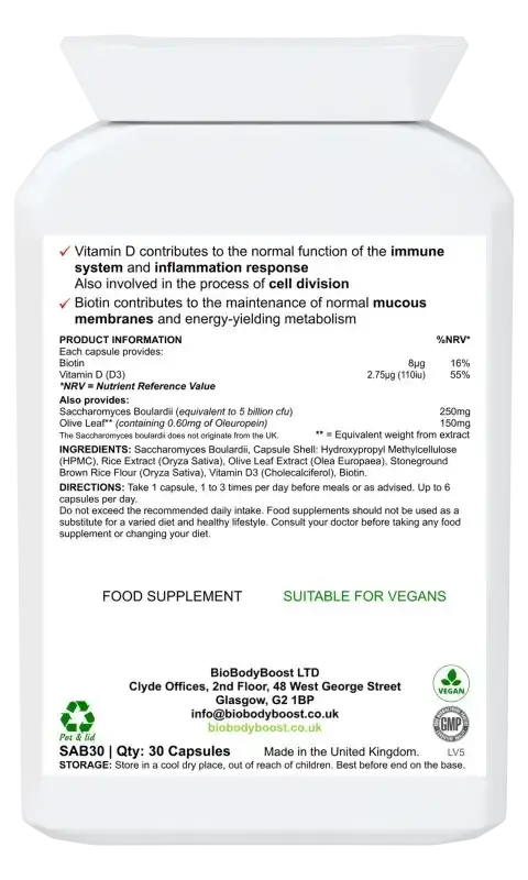 SaccharoMyTum Vegan Probiotics & Vitamin D3 | Immune Support UK