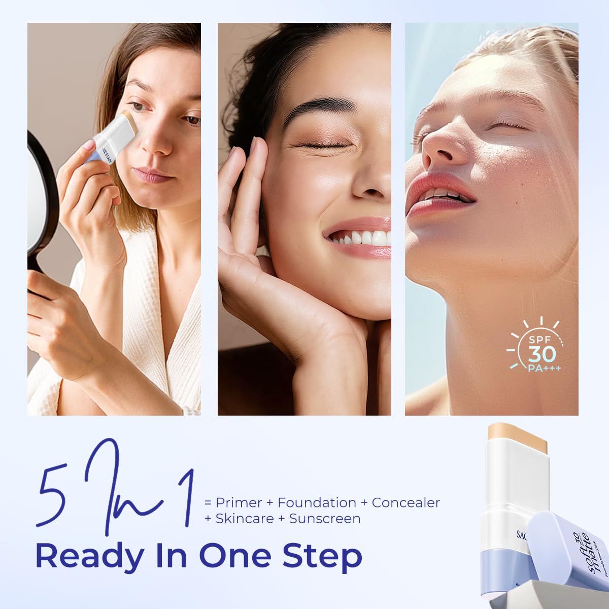 SACE LADY Foundation Stick – Built-in Brush, SPF 30, Medium to Full Coverage, Soft Matte Finish (0.4 oz)