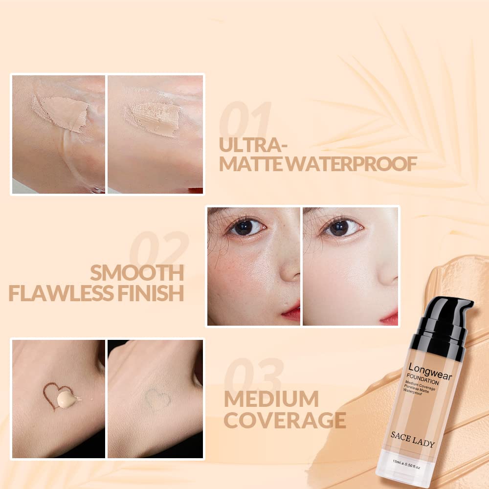 SACE LADY 2Pcs Face Makeup Set – Matte Foundation & Oil Control Powder | Waterproof, Long-Lasting Coverage
