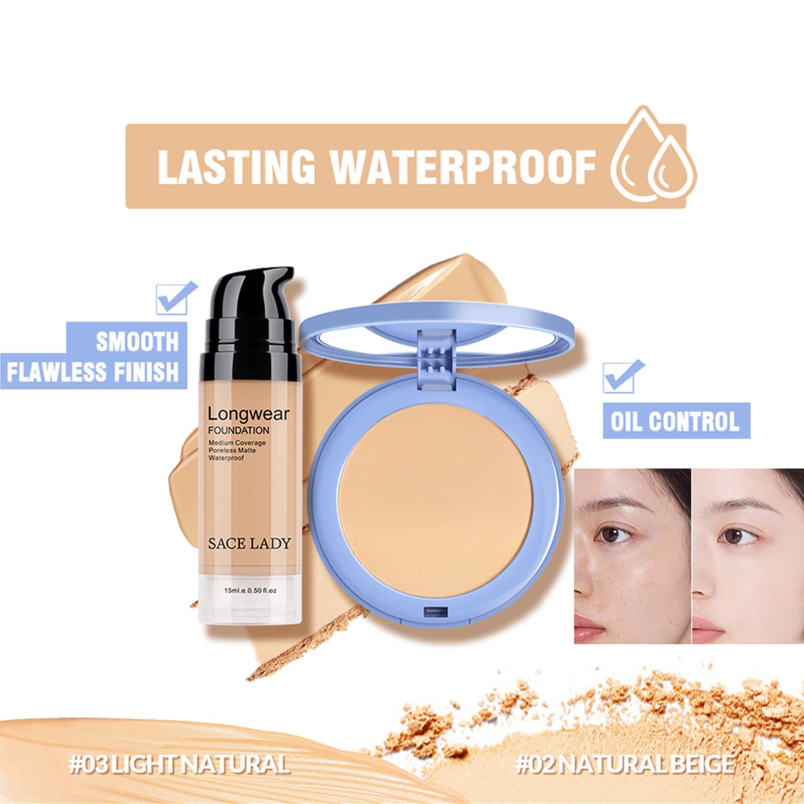 SACE LADY 2Pcs Face Makeup Set – Matte Foundation & Oil Control Powder | Waterproof, Long-Lasting Coverage