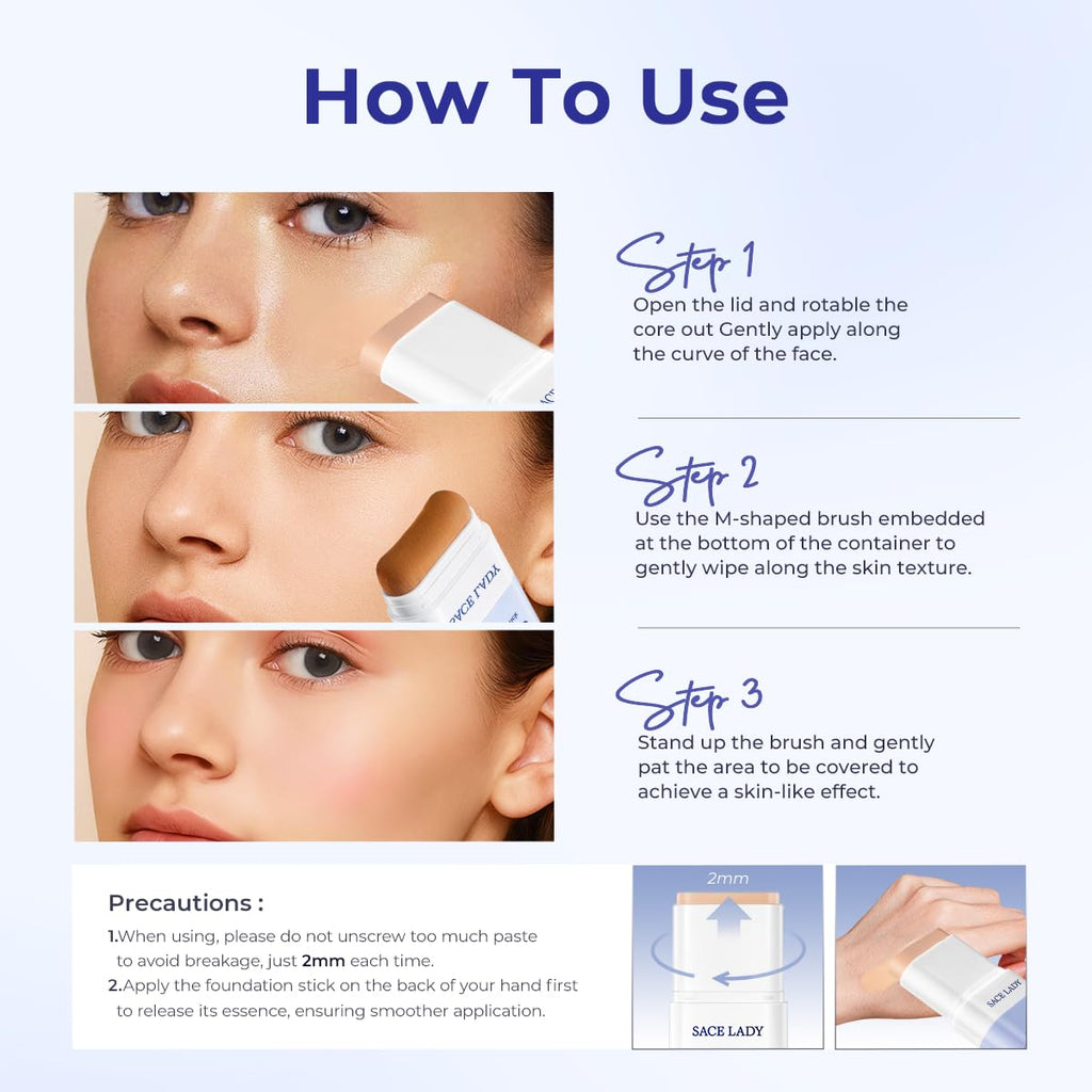 SACE LADY Foundation Stick with Built-In Brush | Soft Matte Finish SPF 30, 0.4 Oz