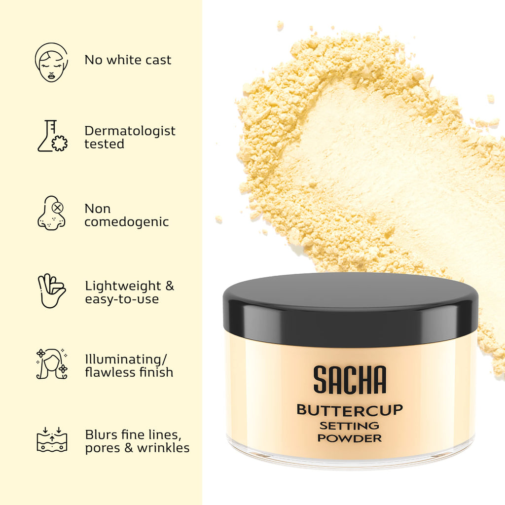 Sacha Buttercup Light Setting Powder - Blurs Pores, No Ashy Flashback