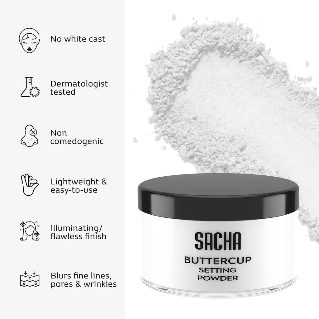 Sacha BUTTERCUP No Color Setting Powder – No Flashback, Blur Pores, All Skin Tones (1.75 oz)