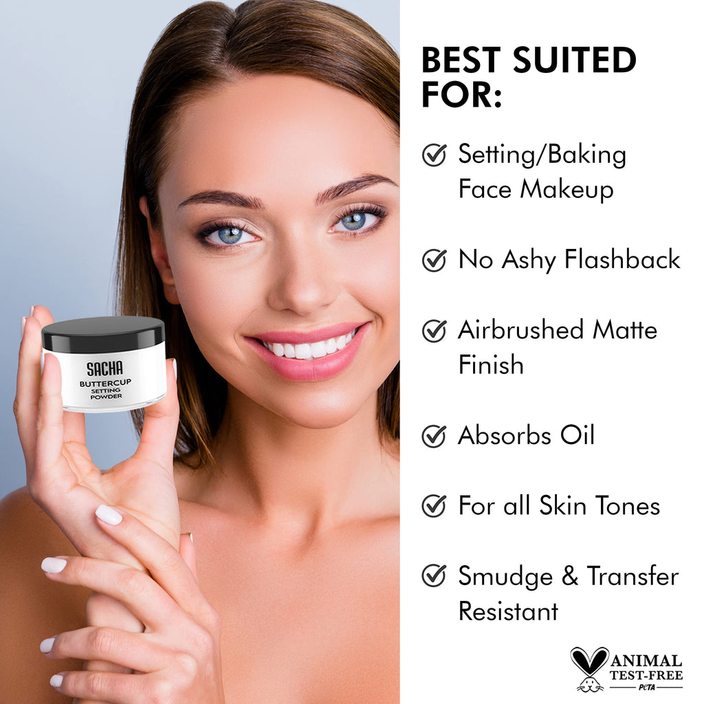 Sacha BUTTERCUP No Color Setting Powder – No Flashback, Blur Pores, All Skin Tones (1.75 oz)