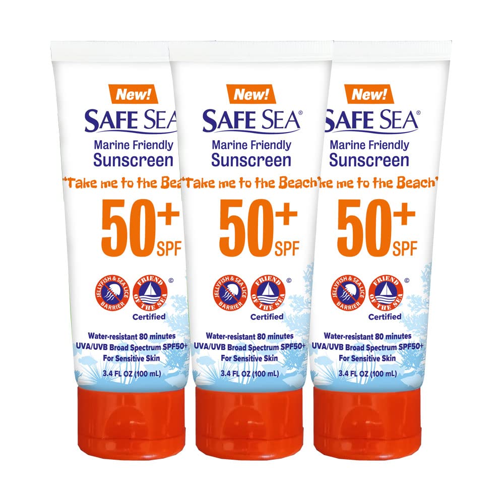SAFE SEA Anti-Jellyfish Sting SPF 50+ Sunscreen – Reef-Safe 3-Pack (3.4 oz Tubes) for Adults