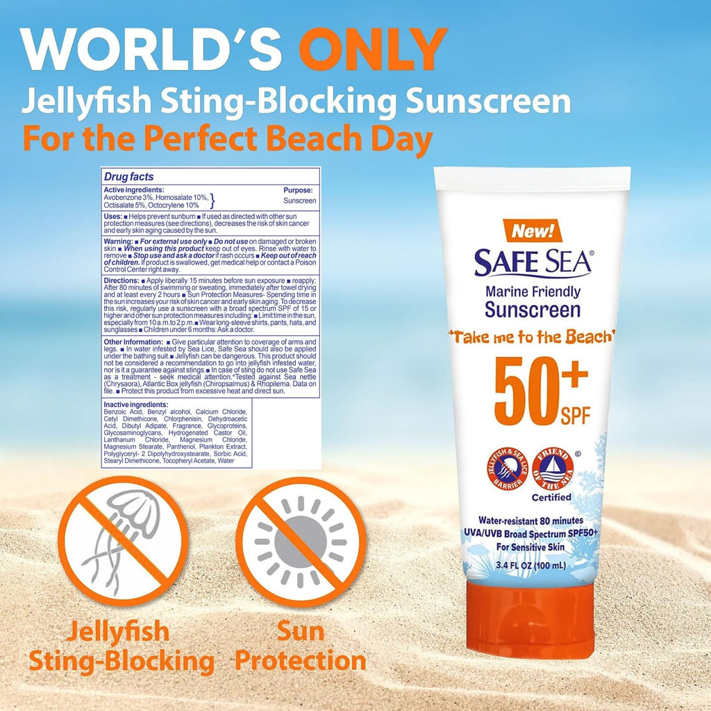 SAFE SEA SPF 50+ Anti-Jellyfish Sting Protective Lotion – Reef-Safe Sunscreen, 2 x 3.4 oz Tubes