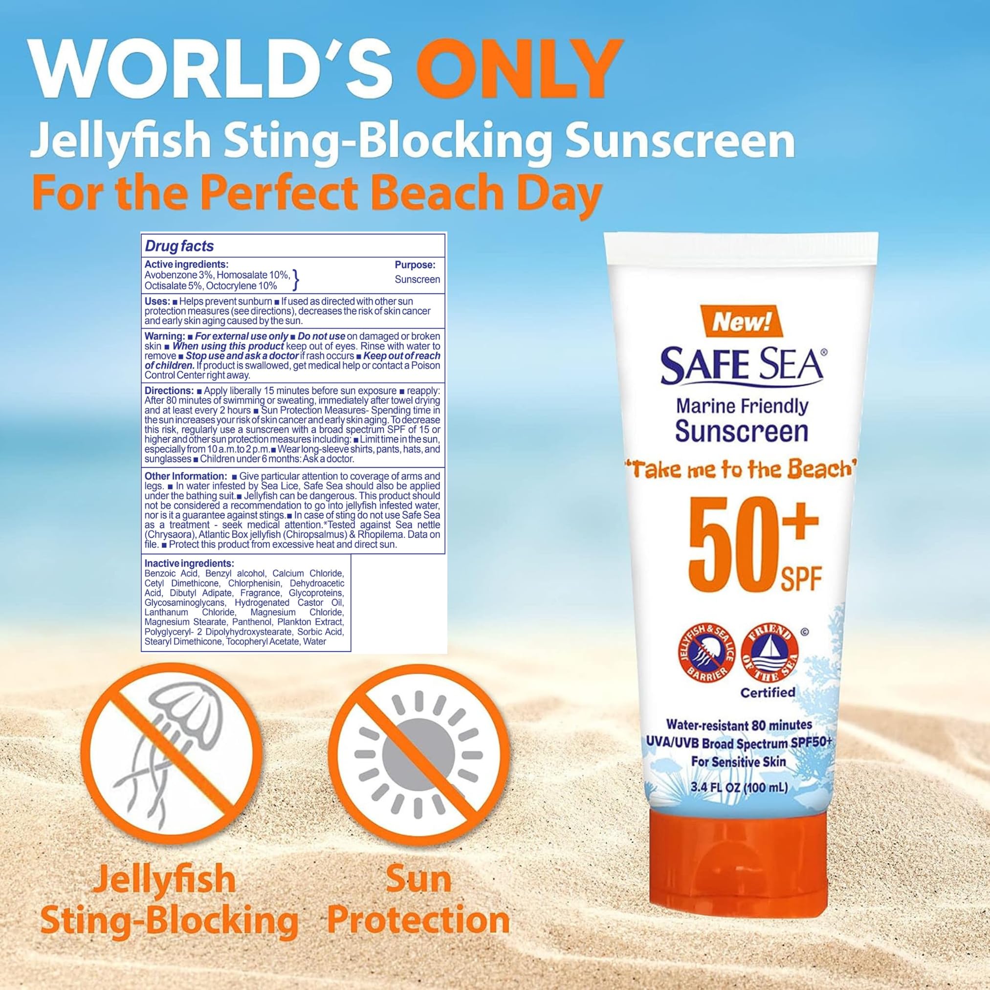 SAFE SEA SPF 50+ Anti-Jellyfish Sting Protective Lotion – Reef-Safe Sunscreen, 2 x 3.4 oz Tubes