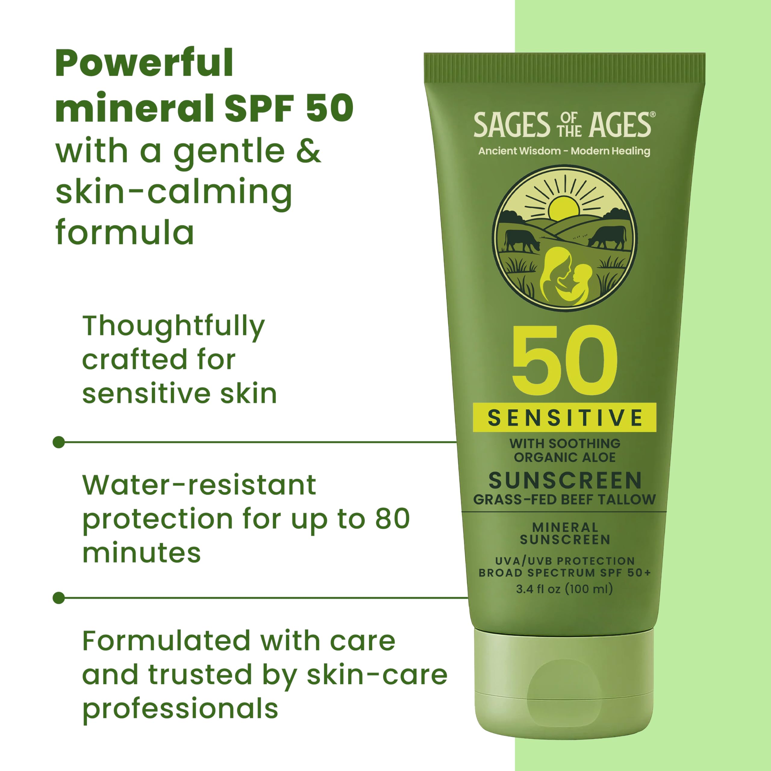 Sages Of The Ages Mineral Sunscreen SPF 50 – Reef Safe, Non-Nano Zinc, 3.4 fl oz