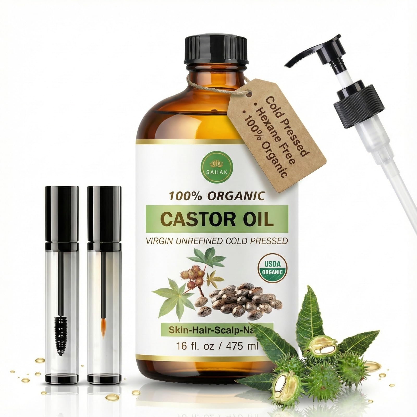 SAHAK Castor Oil – Organic, Cold-Pressed, Hexane-Free, 16oz