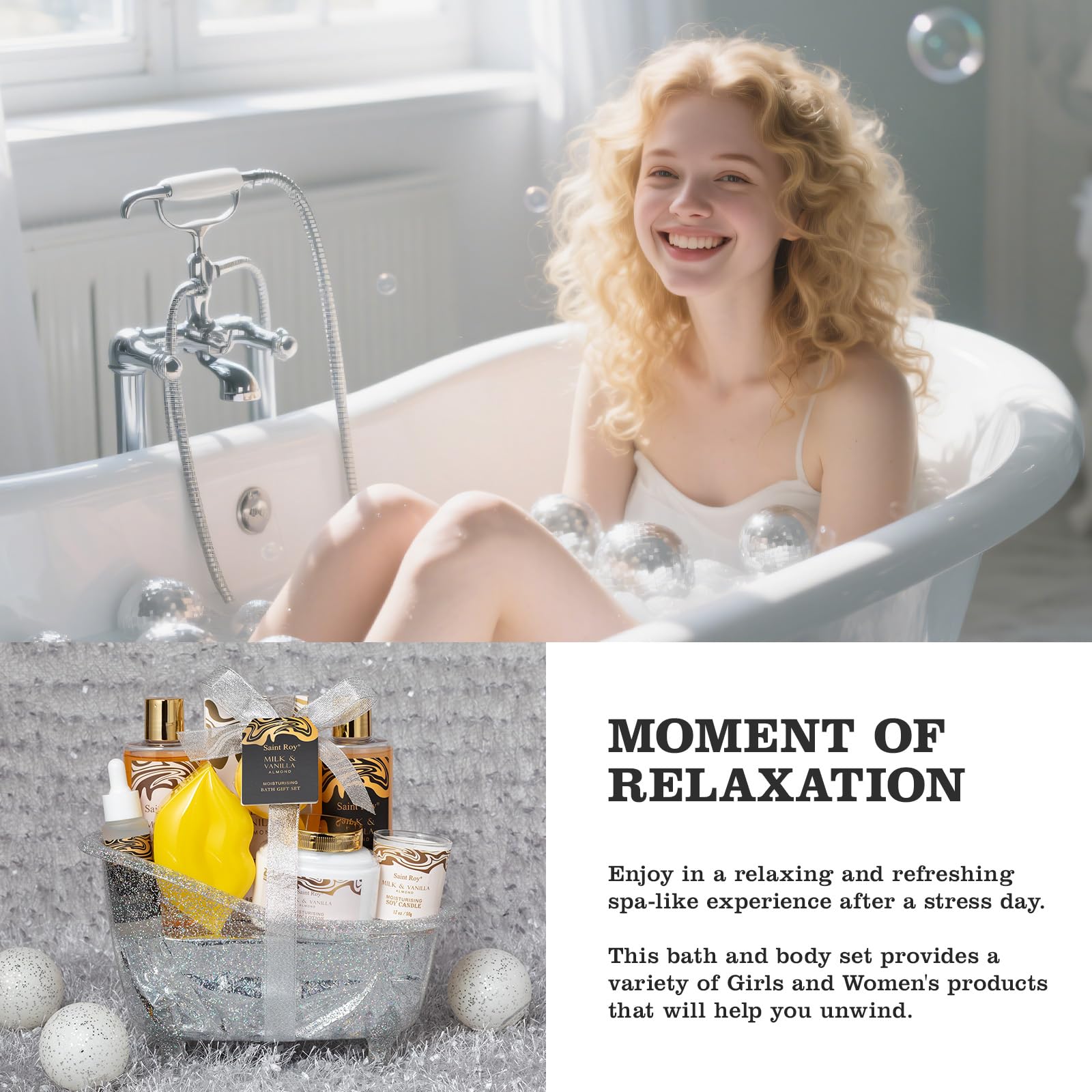 Saint Roy Spa Gift Basket | Luxury Almond Milk Vanilla Bath Set for Women