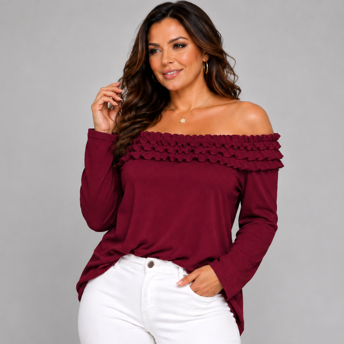 Ruffled Neckline Off Shoulder Long Sleeve Blouse