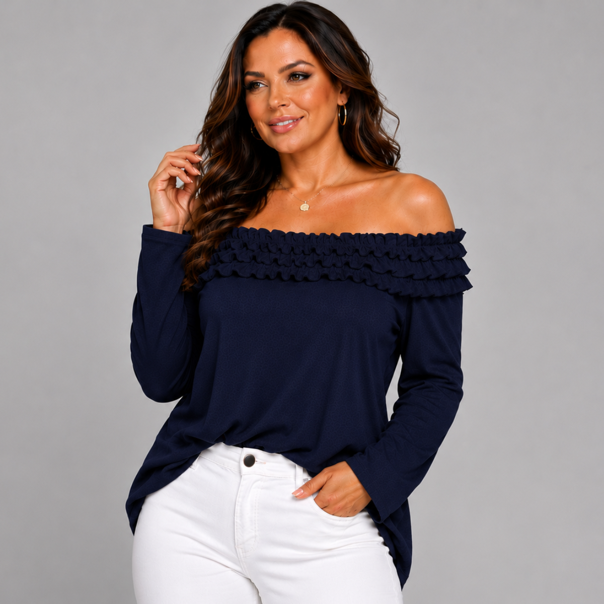 Ruffled Neckline Off Shoulder Long Sleeve Blouse