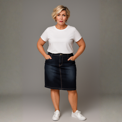 Dark Blue Denim Skirt with Studded Butterfly Pockets