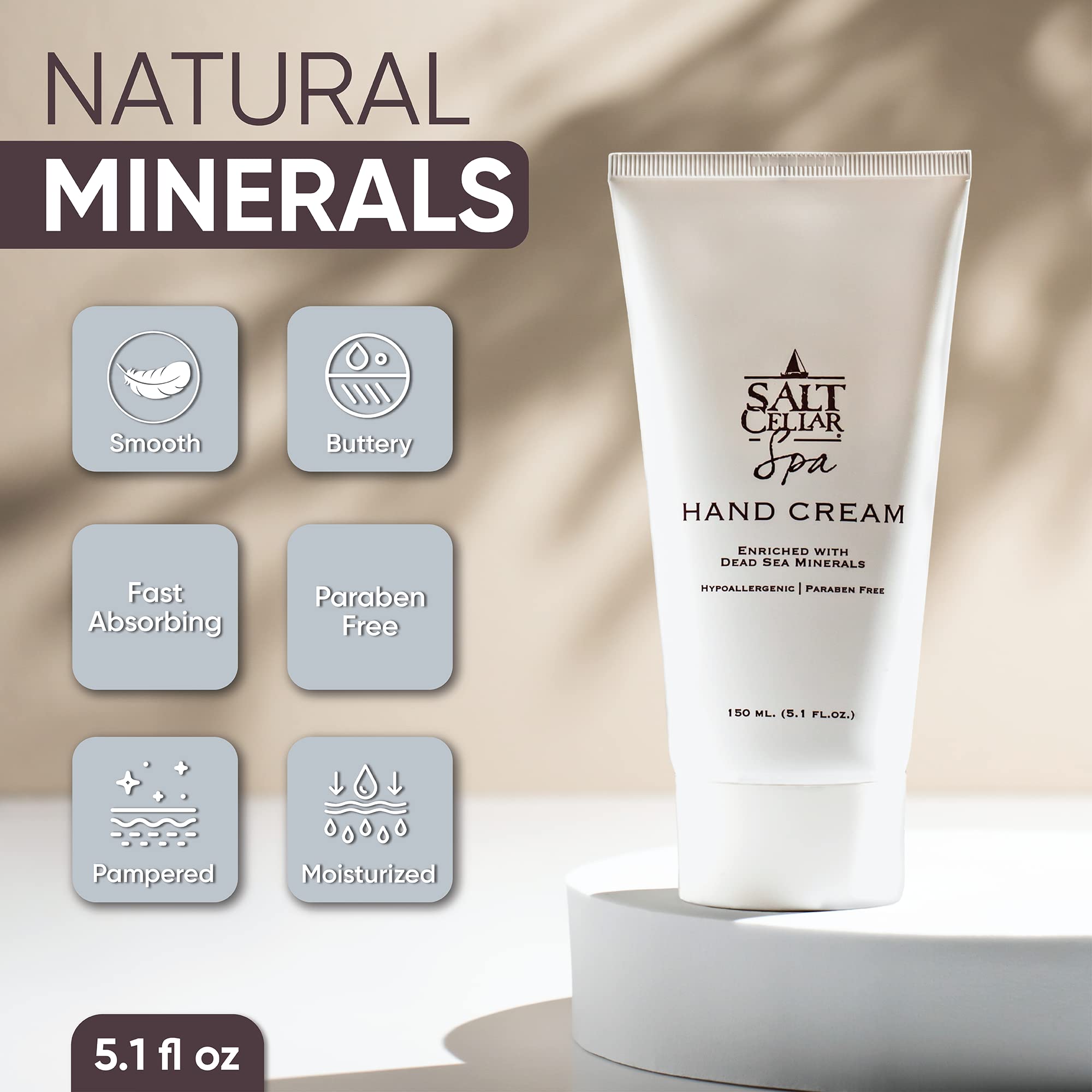 Salt Cellar Spa Dead Sea Mineral Hand Cream | Fast-Absorbing Moisturizer with Glycerin & Olive Oil (5.1 oz)