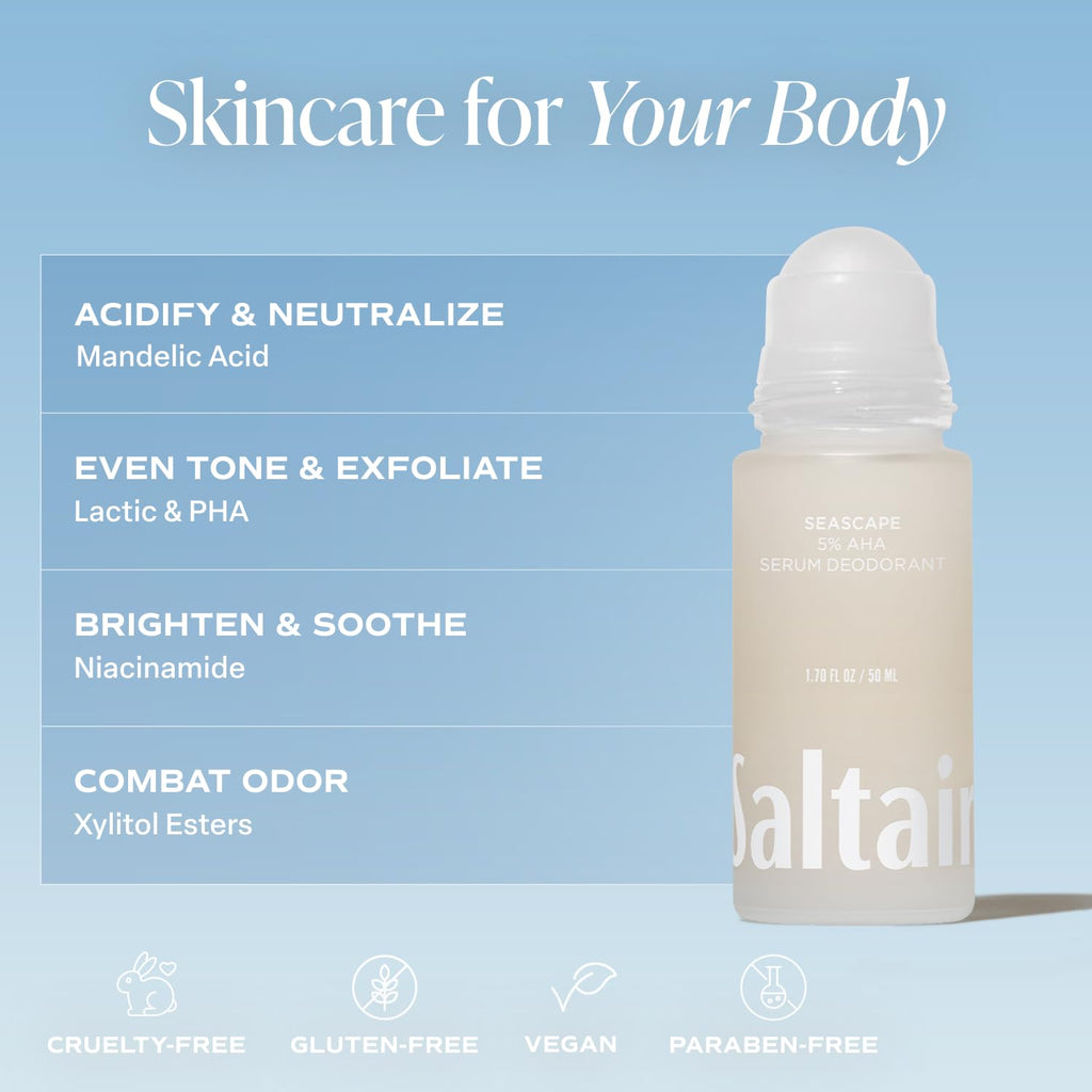Saltair Serum Deodorant Seascape 2 Pack – 5% AHA Formula, Aluminum-Free Roll-On, 2x1.7oz