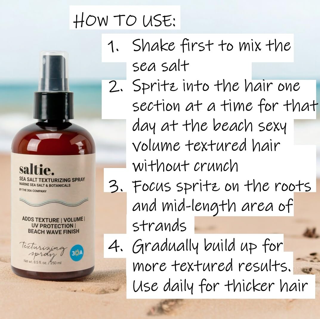 Saltie BY 30A Sea Salt Texturizing Spray – Beachy Volume, UV Protection, All Hair Types (8.5 oz/250 ml)