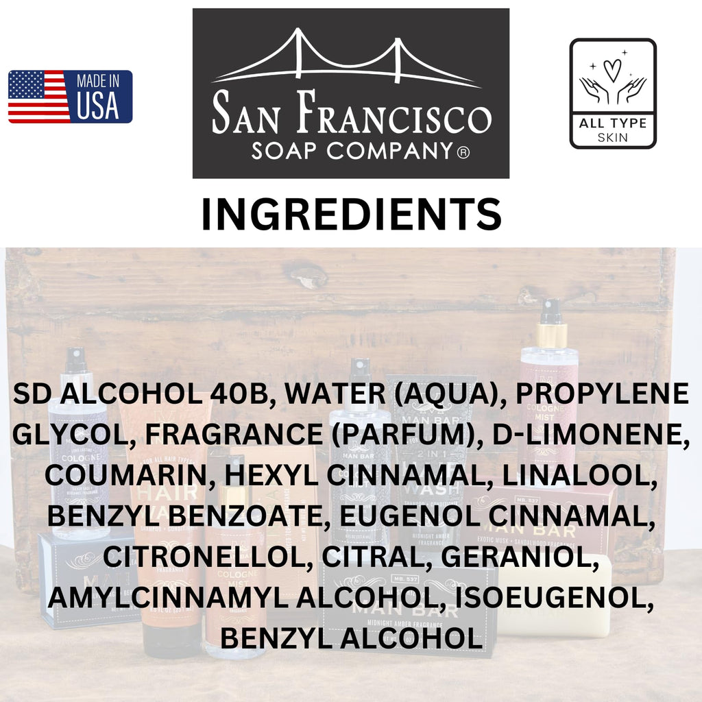 San Francisco Soap Company MAN BAR Cologne Mist Exotic Musk & Sandalwood – Long Lasting, 6 fl oz