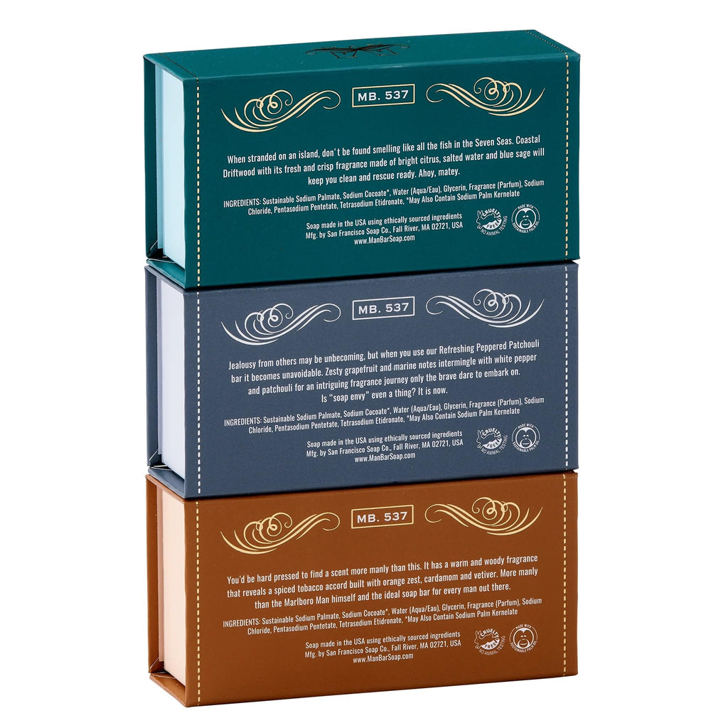 San Francisco Soap Company Man Bar 3-Piece Gift Set – Coastal Driftwood, Peppered Patchouli & Spiced Tobacco