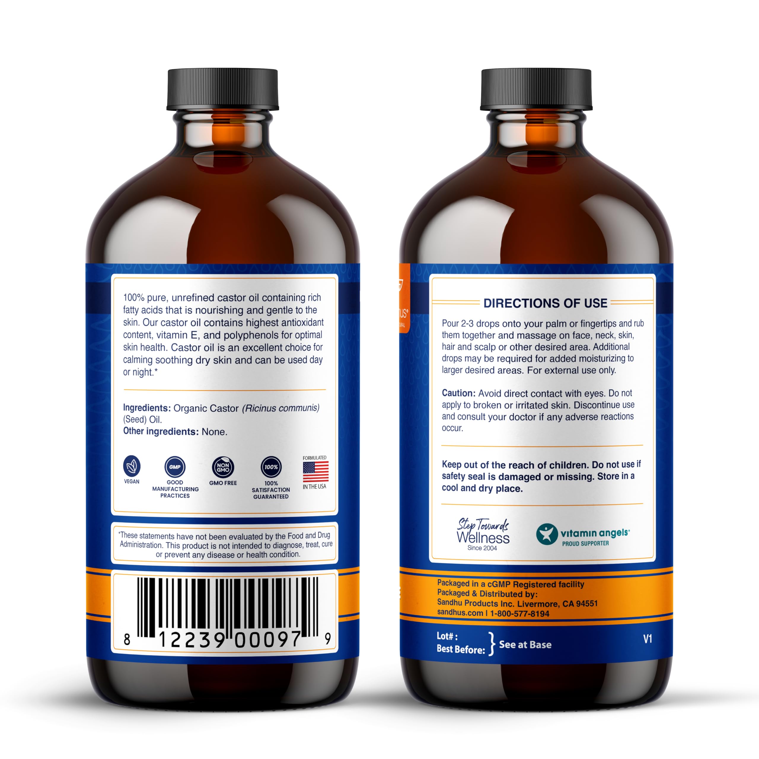Sandhu's 100% Organic Castor Oil – 16 oz Glass Bottle | Pure, Hexane-Free & Unrefined