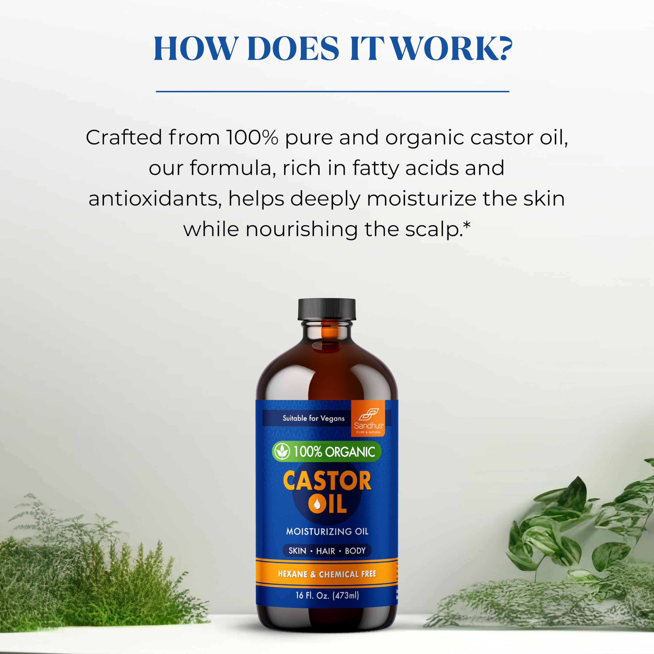 Sandhu's 100% Organic Castor Oil – 16 oz Glass Bottle | Pure, Hexane-Free & Unrefined