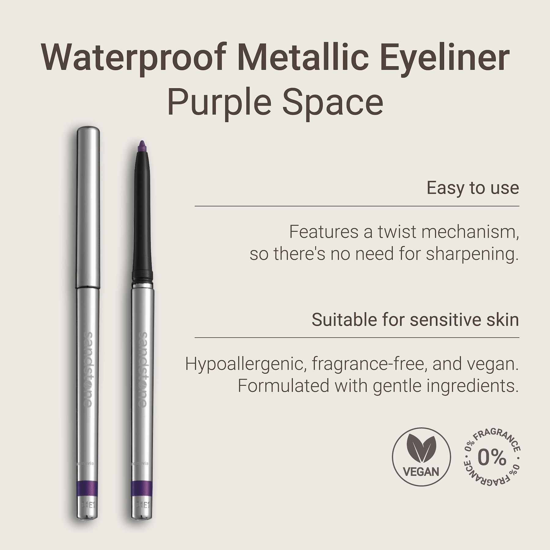 Sandstone Scandinavia Hypoallergenic Waterproof Eyeliner – Fragrance-Free Metallic Purple Space | Vegan & Cruelty-Free