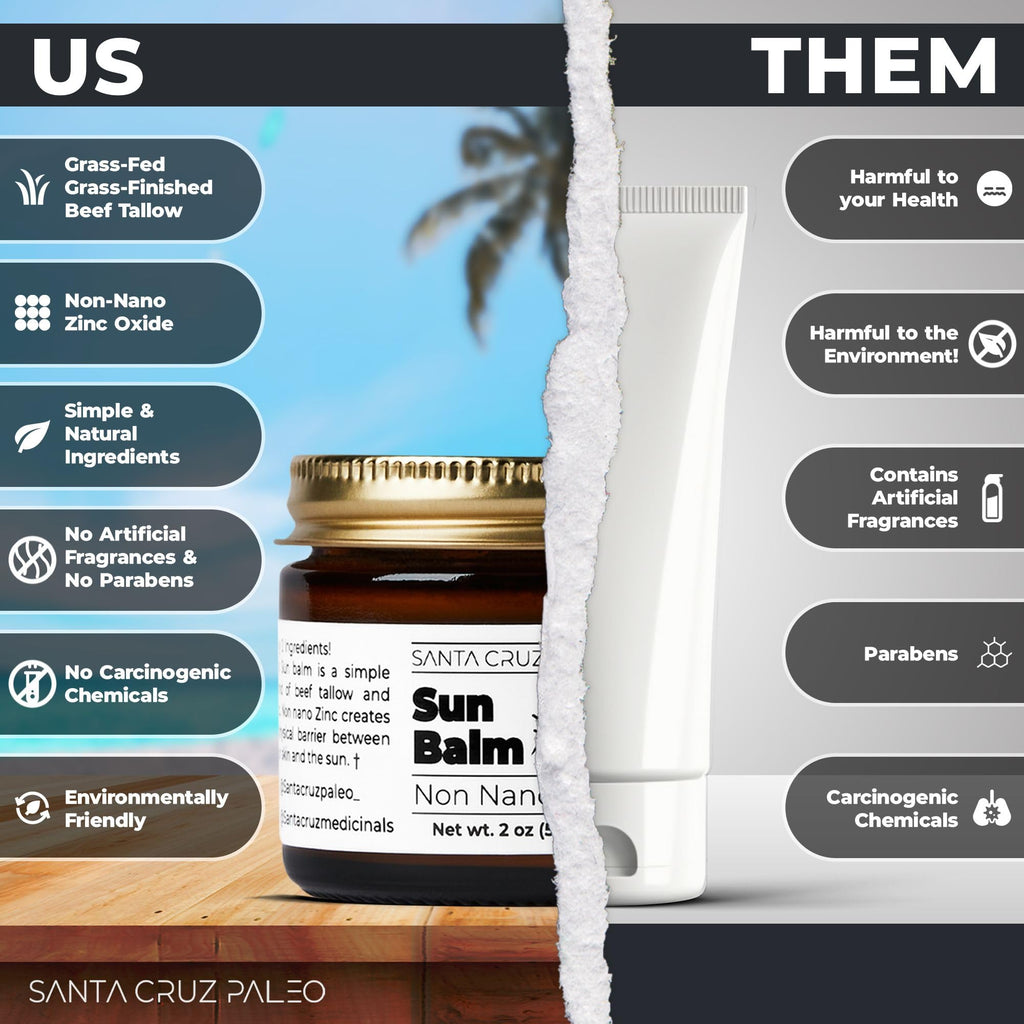 Santa Cruz Paleo Beef Tallow Sun Balm with Non-Nano Zinc Oxide – Unscented, Sunscreen Free, 2 oz