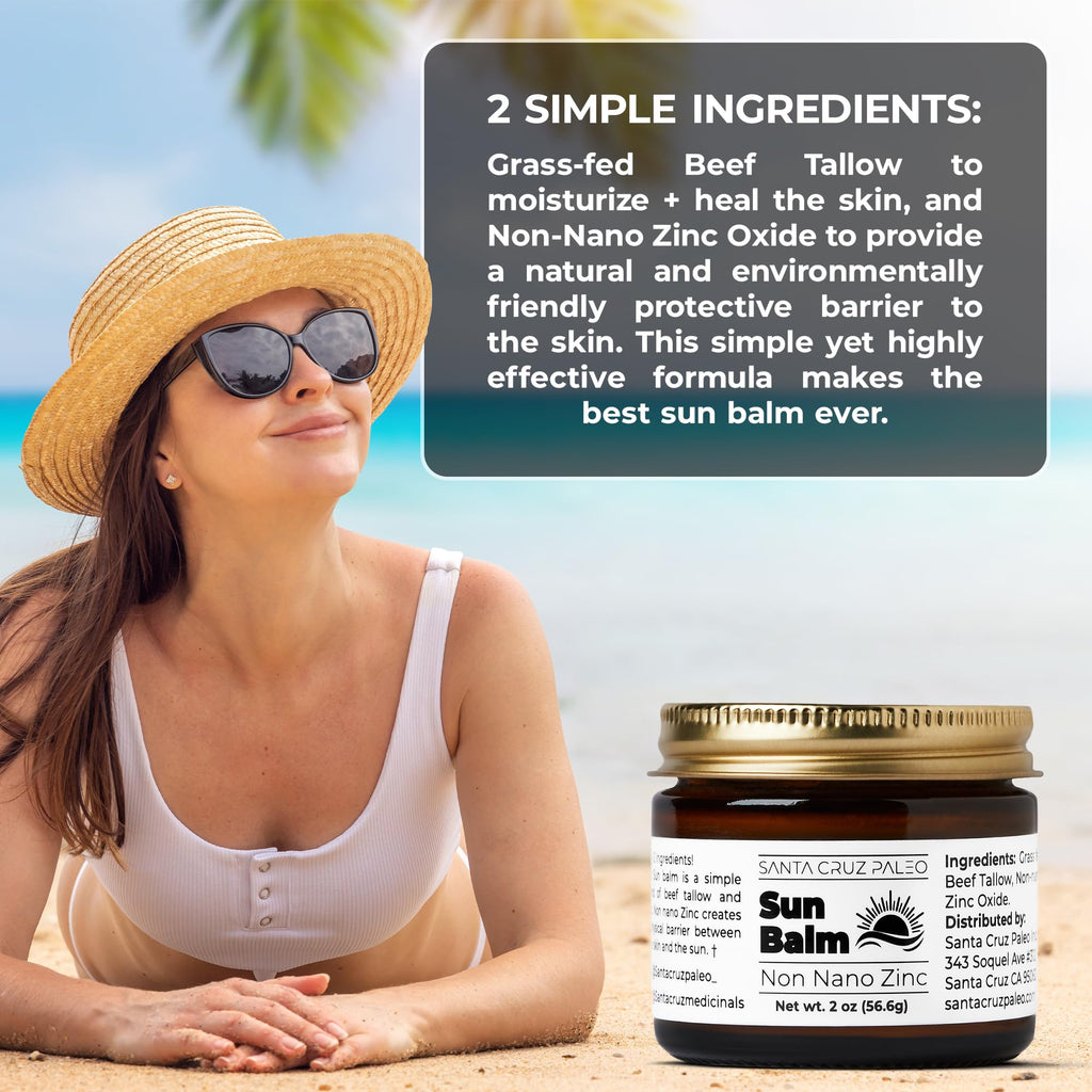 Santa Cruz Paleo Beef Tallow Sun Balm with Non-Nano Zinc Oxide – Unscented, Sunscreen Free, 2 oz