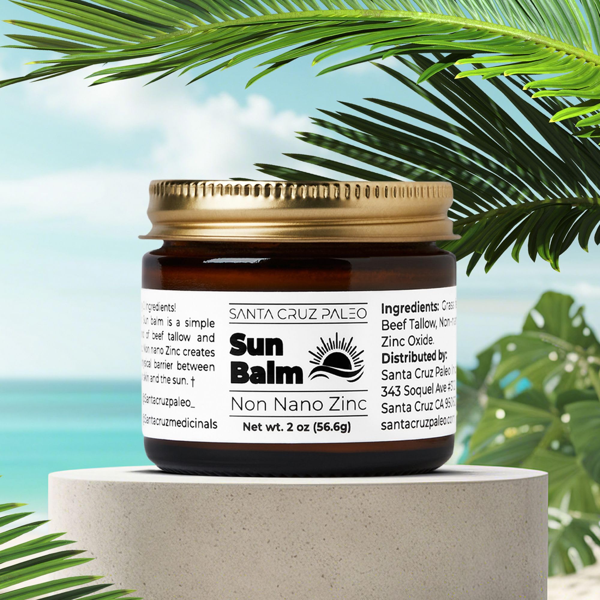 Santa Cruz Paleo Beef Tallow Sun Balm with Non-Nano Zinc Oxide – Unscented, Sunscreen Free, 2 oz