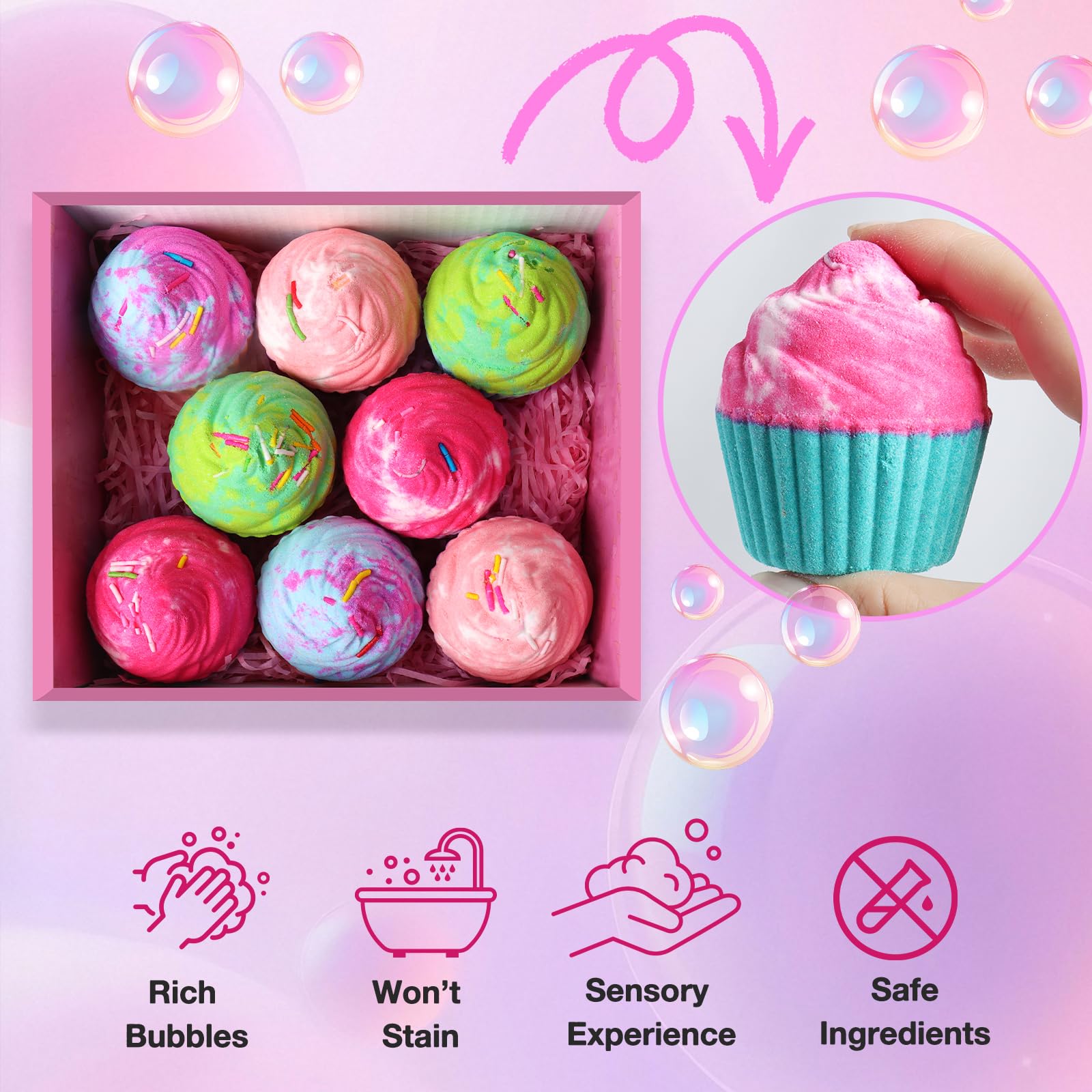 Santrela Cupcake Bath Bombs for Kids – 8-Pack Gift Set with Surprise Jewelry Inside