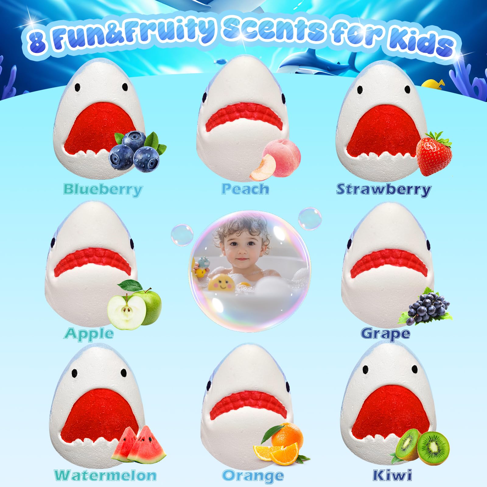 Santrela Shark Bath Bombs for Kids – 8-Pack with Surprise Inside & Suction Toys