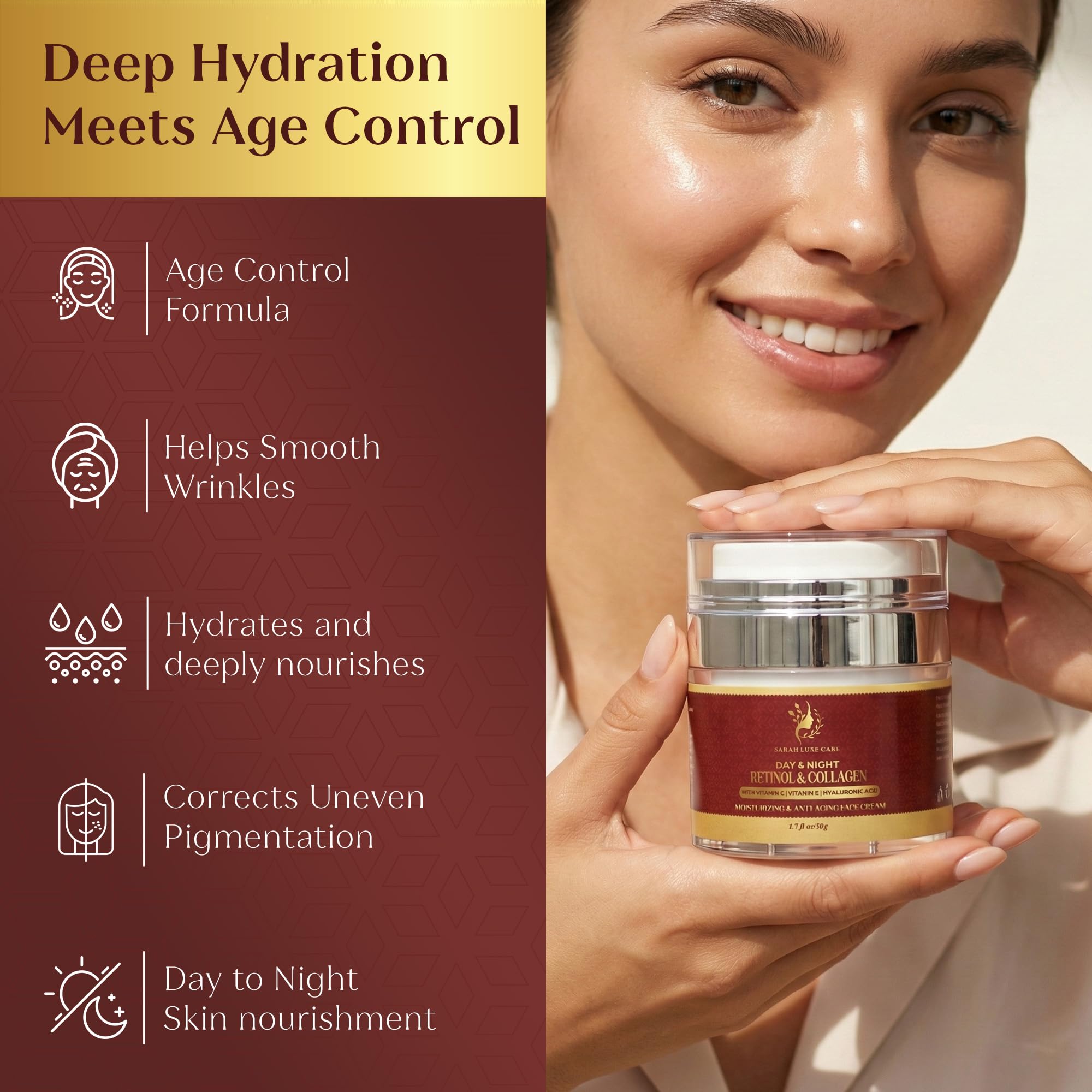Sarah Luxe Care Dark Spot & Uneven Tone Cream | Retinol, Collagen & Hyaluronic Acid – 1.7 oz