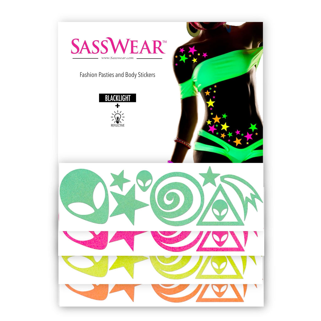 Sasswear Blacklight Body Stickers – 40 Neon Stars for Raves, Festivals & Glow Parties (Alien)