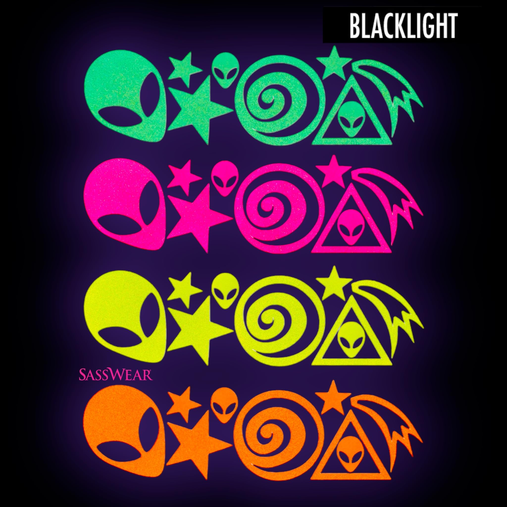 Sasswear Blacklight Body Stickers – 40 Neon Stars for Raves, Festivals & Glow Parties (Alien)