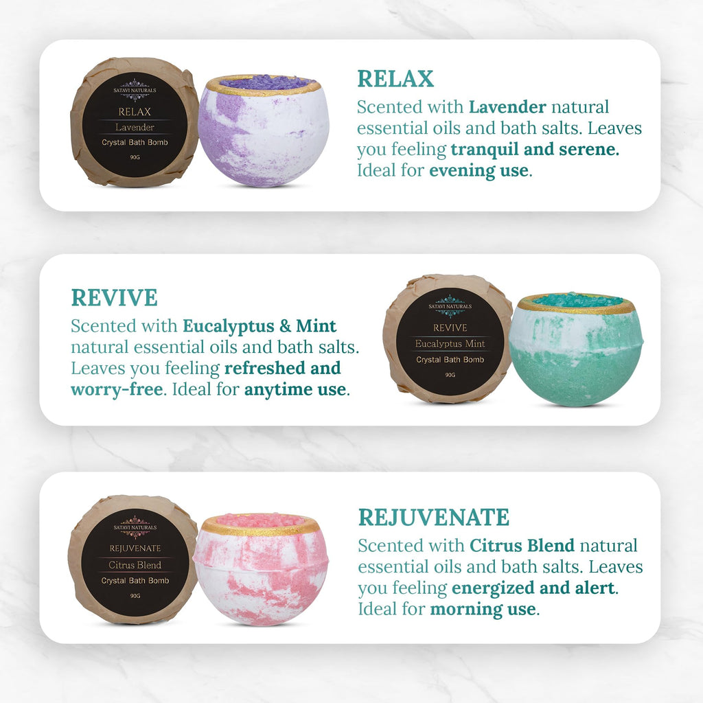 Satavi Naturals Crystal Bath Bombs Gift Set (6-Pack) – Aromatherapy Geode Bath Fizzies with Nourishing Salts
