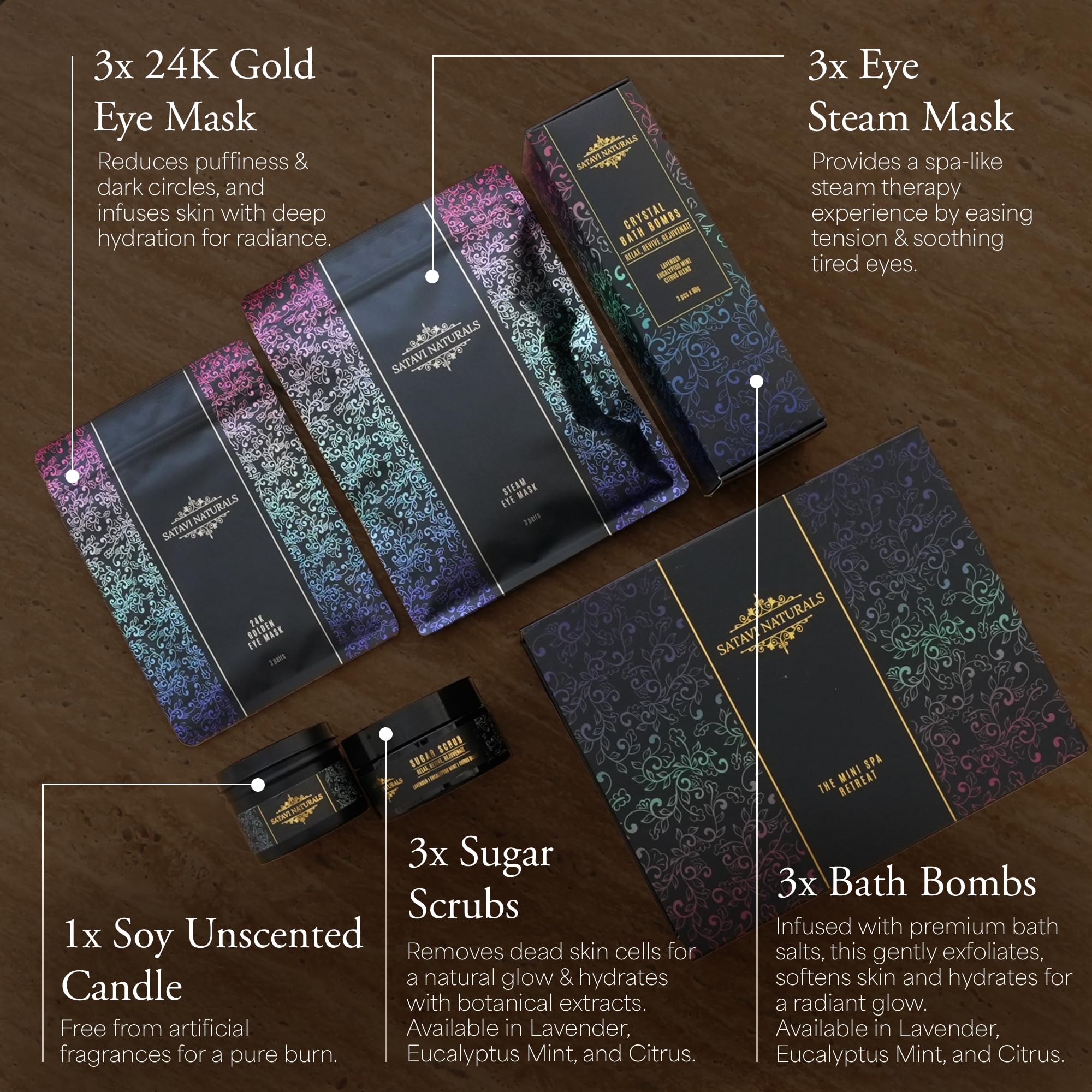 Satavi Naturals Spa Gift Set – Mini Spa Retreat with Bath Bombs & 24K Eye Masks