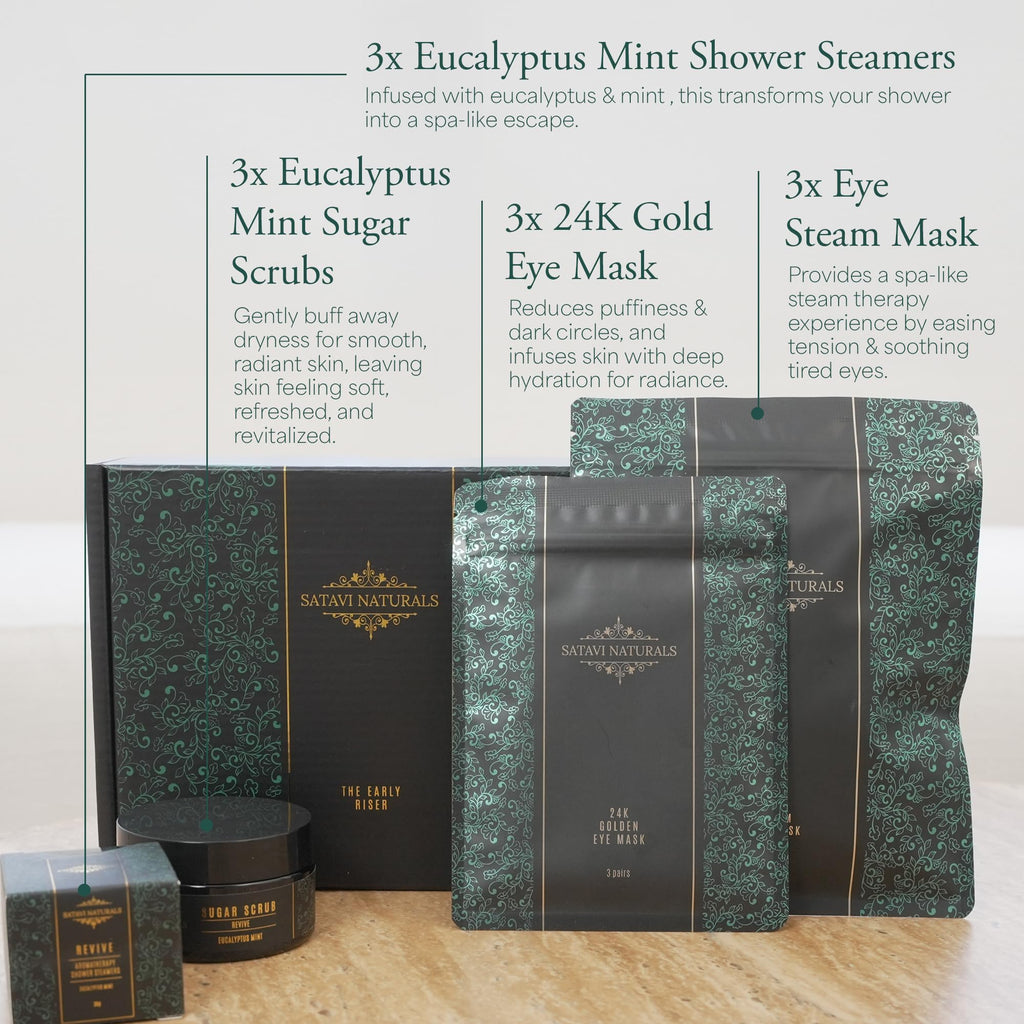 Satavi Naturals Spa Gift Set for Women | Eucalyptus Mint Aromatherapy Shower Steamers & 24K Gold Eye Masks