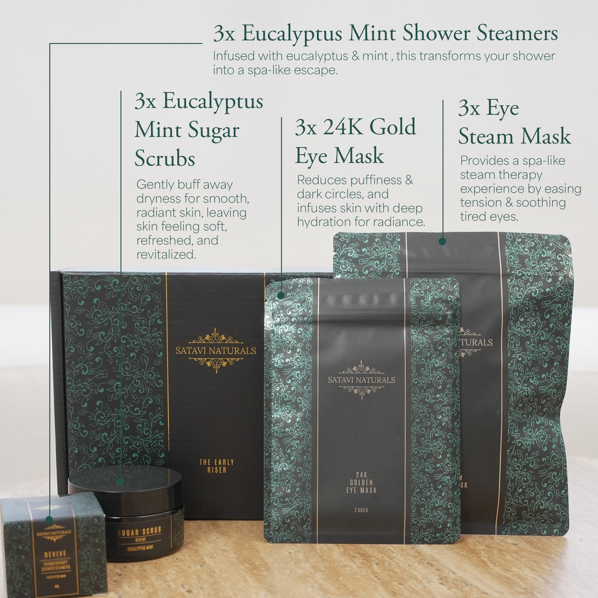 Satavi Naturals Spa Gift Set for Women | Eucalyptus Mint Aromatherapy Shower Steamers & 24K Gold Eye Masks