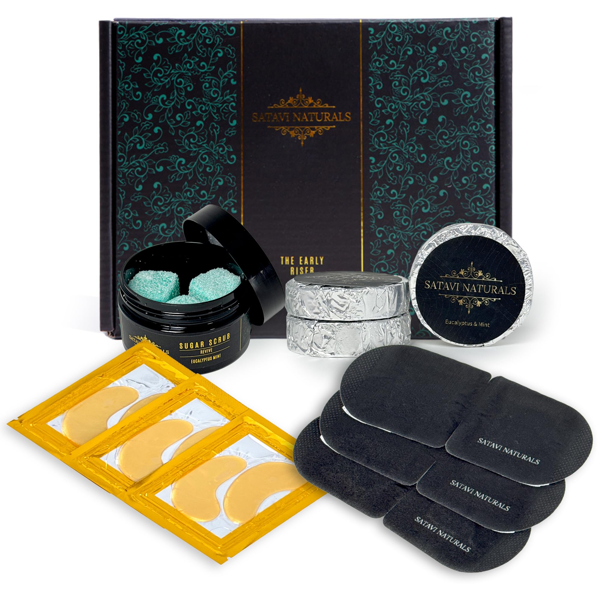 Satavi Naturals Spa Gift Set for Women | Eucalyptus Mint Aromatherapy Shower Steamers & 24K Gold Eye Masks