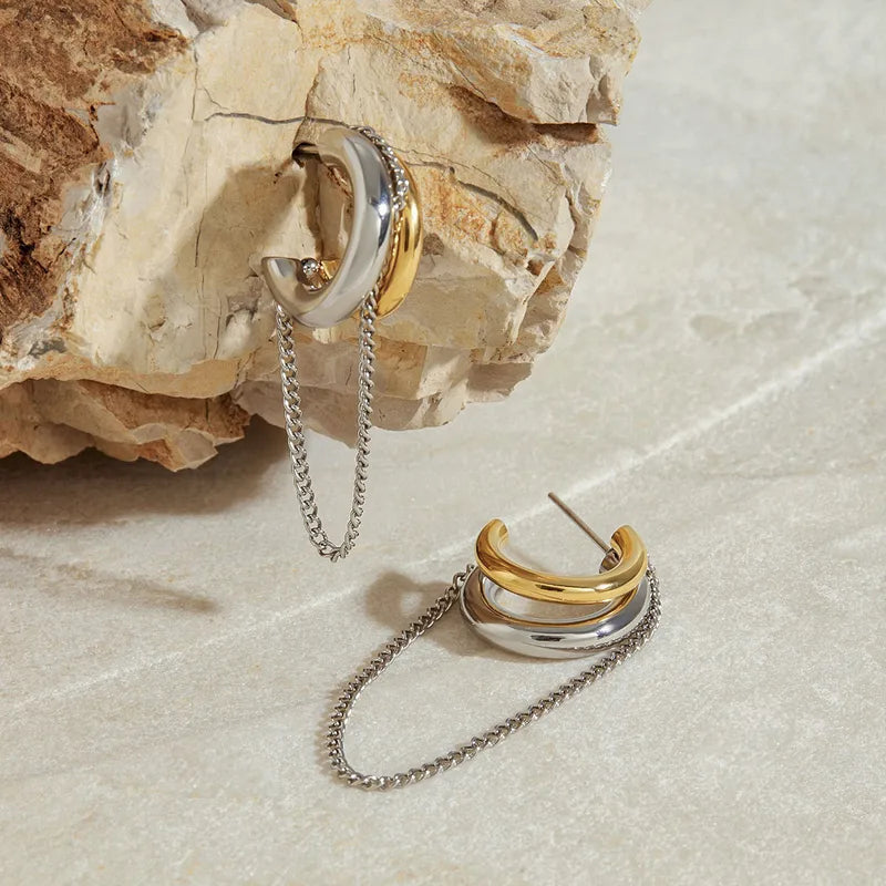 Dual Tone Chain Hoop Earrings
