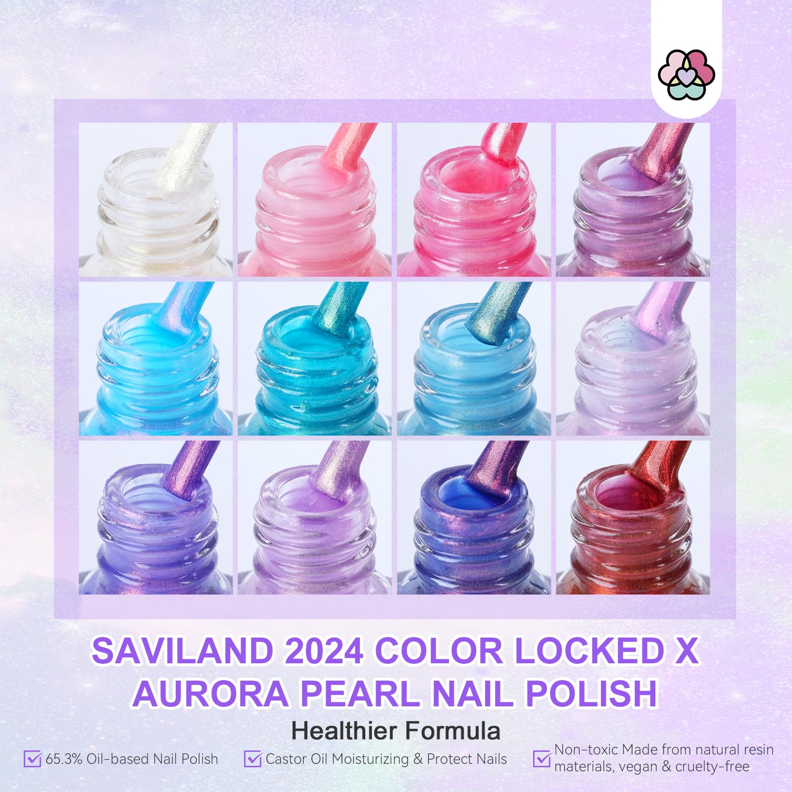 SAVILAND Pearl Nail Polish Set – 12 Aurora Shimmer Colors + Base & Top Coat