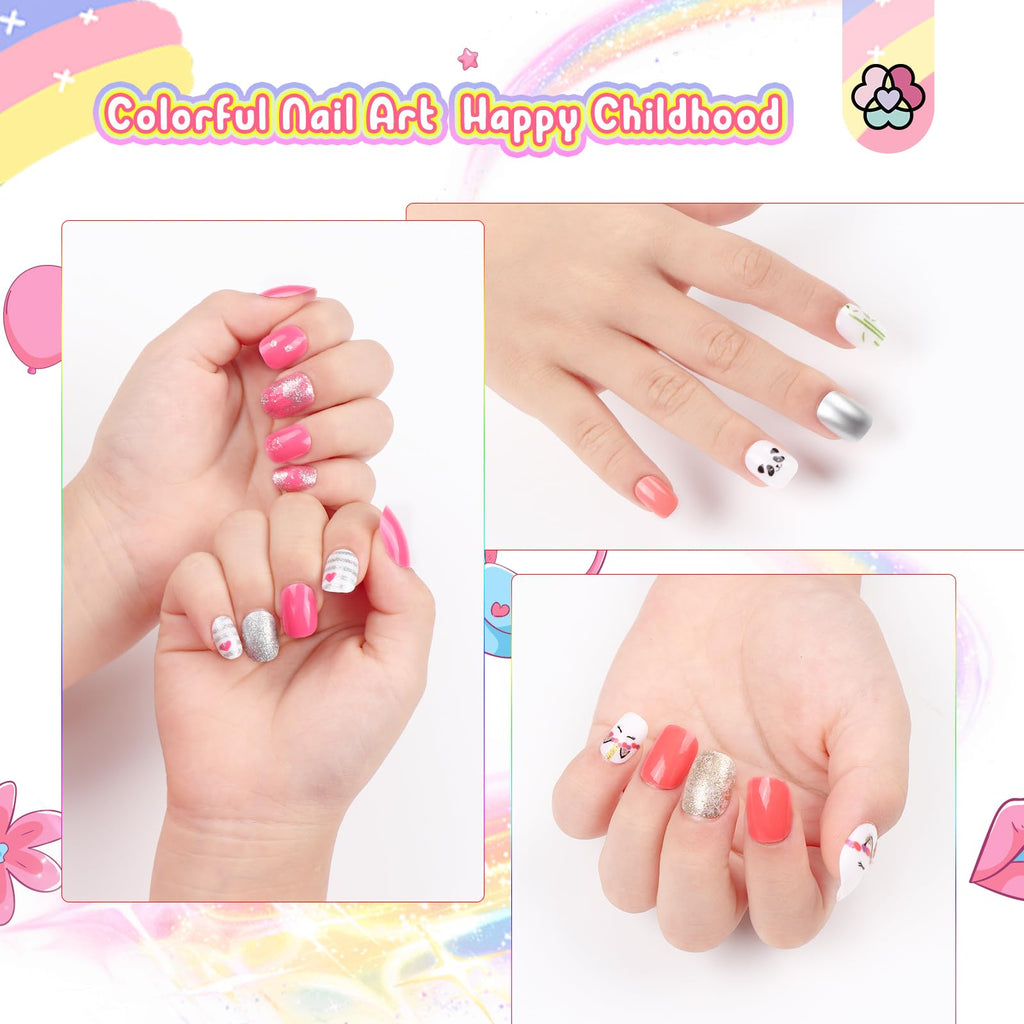 SAVILAND 168 Pieces Kids Press-On Nails – 7 Pack for Girls 8-12 | Glitter Short Full-Cover Nails
