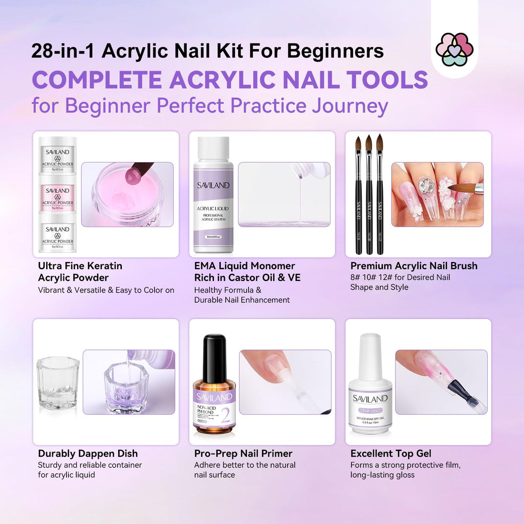 SAVILAND 28-in-1 Acrylic Nail Kit with Drill – DIY Home Manicure for Beginners