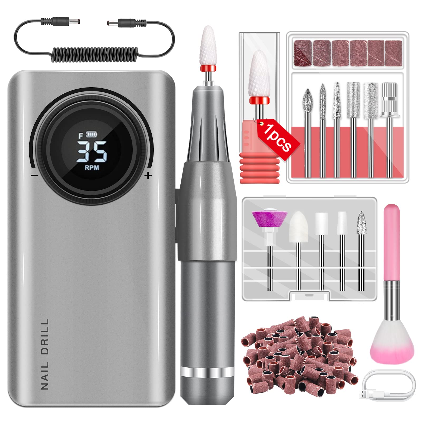 SAVILAND 35000RPM Electric Nail Drill — Rechargeable Nail File with 12 Bits for Pro Salon and Home Use