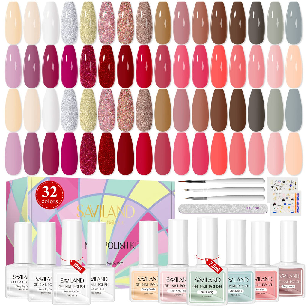 SAVILAND 42PCS Gel Nail Polish Set – 32 Colors + Base & Top Coats (Soak-Off)