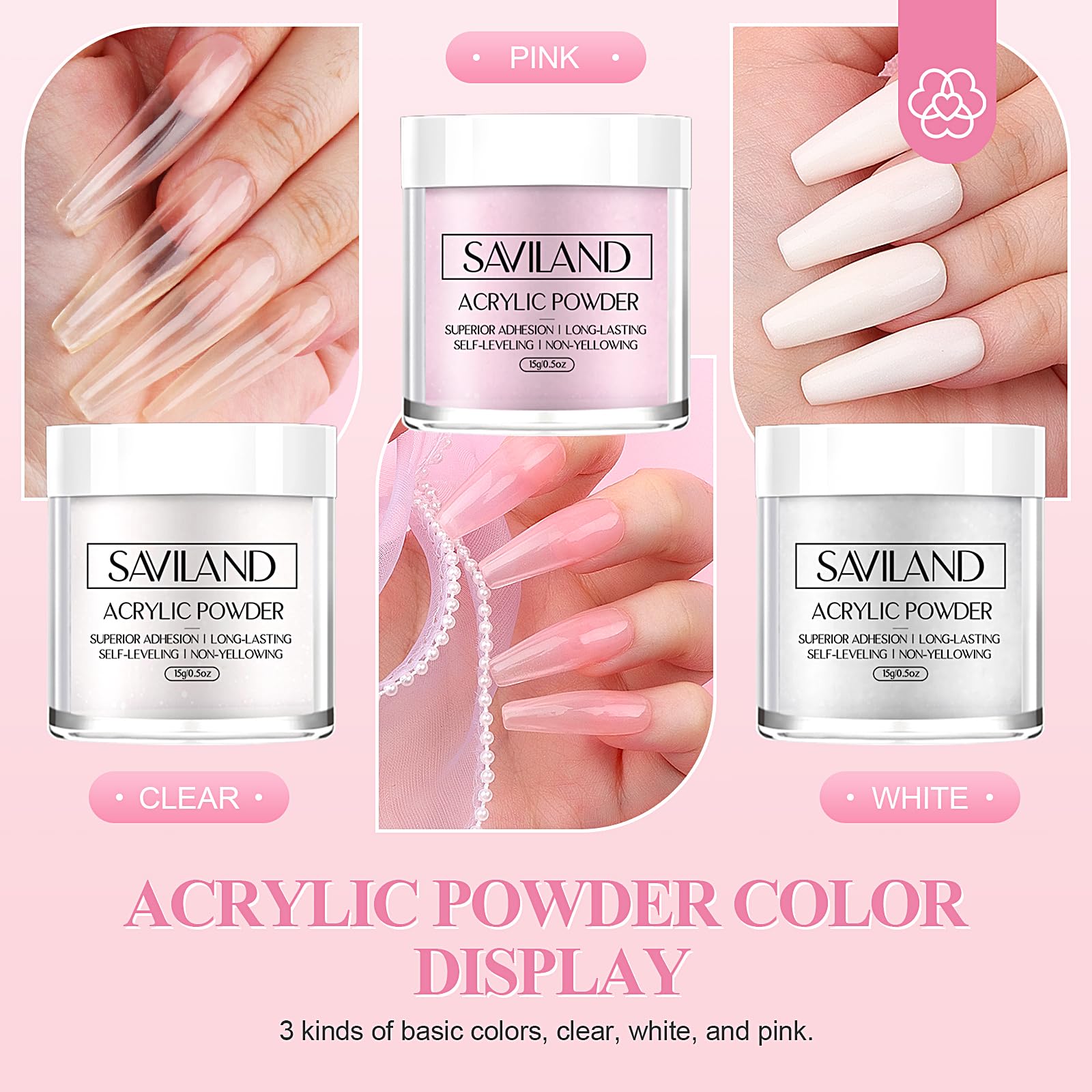 SAVILAND Acrylic Nail Kit Starter Set — Beginner Home Kit with Pink/White/Clear Powders, 50ml Liquid