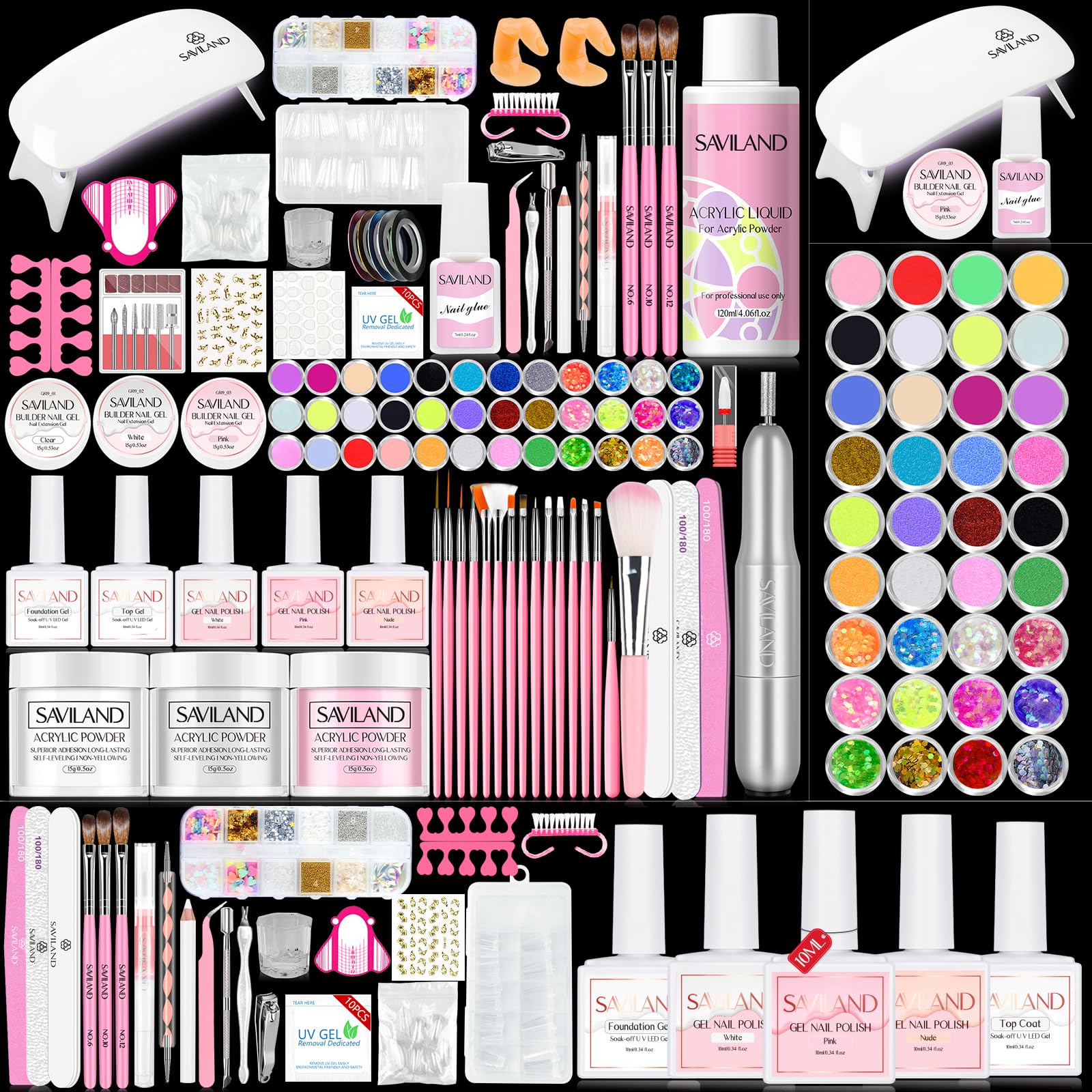 SAVILAND Acrylic Nail Kit with Drill – DIY Nail Extensions, Gel Polish & Portable Lamp