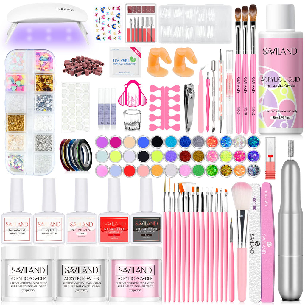 SAVILAND Acrylic Nail Kit with Drill & UV Light – Clear/Pink/White Powders + Black/White/Pink Gel Polish for DIY Nails
