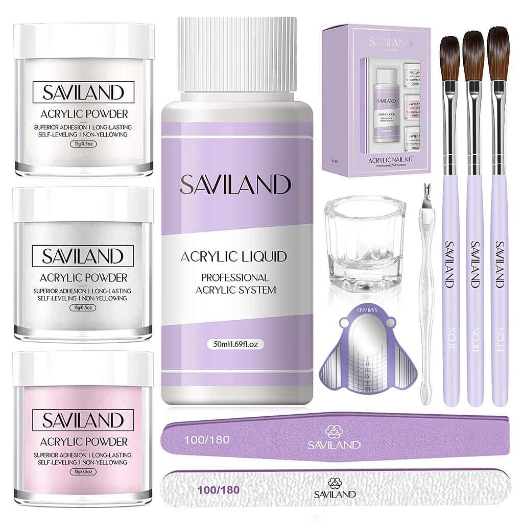 SAVILAND Acrylic Nail Kit Starter Set — Beginner Home Kit with Pink/White/Clear Powders, 50ml Liquid